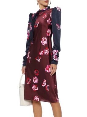 New Joie Kaplan Floral Tie-Neck Satin Midi Dress in Burgundy and Navy Size 4